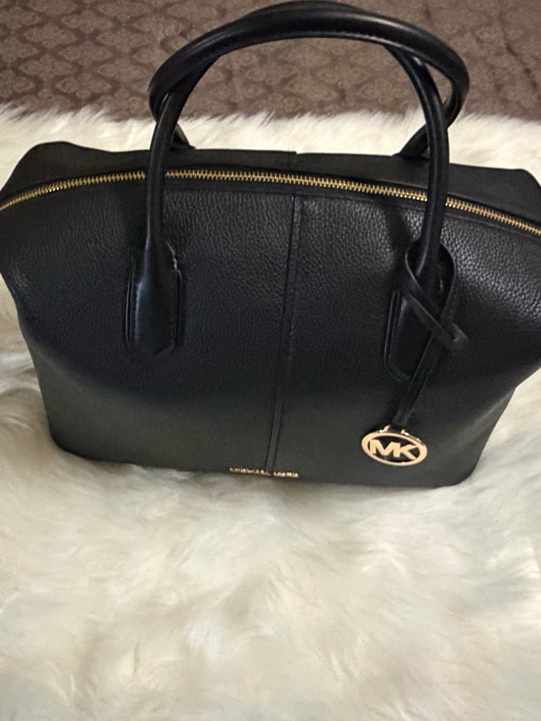 Michael Kors Black Hyde Pebbled Leather Satchel With Gold Accents